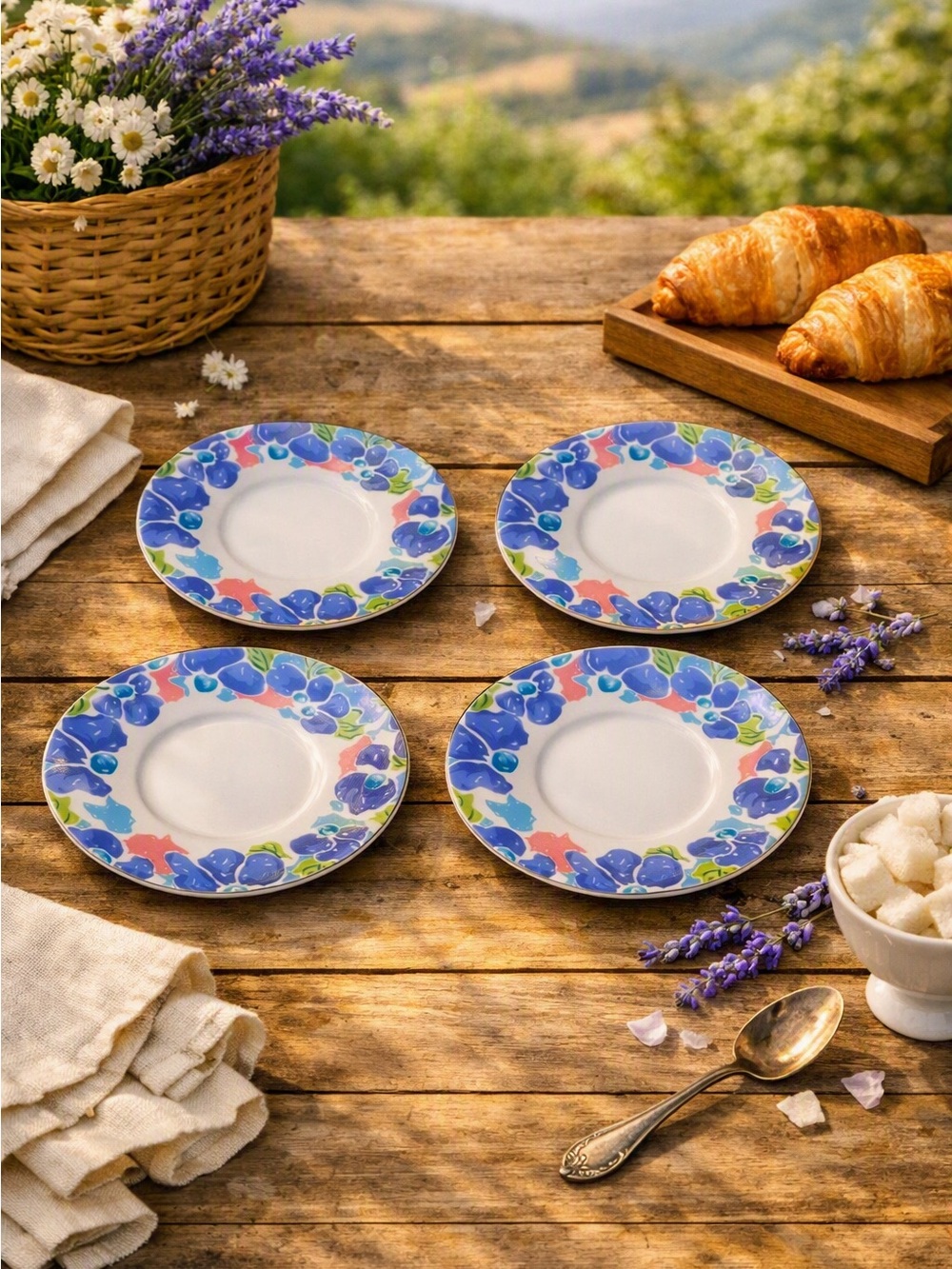 Givenchy Blue Floral Gold Rim Dessert Plates - Set of 4